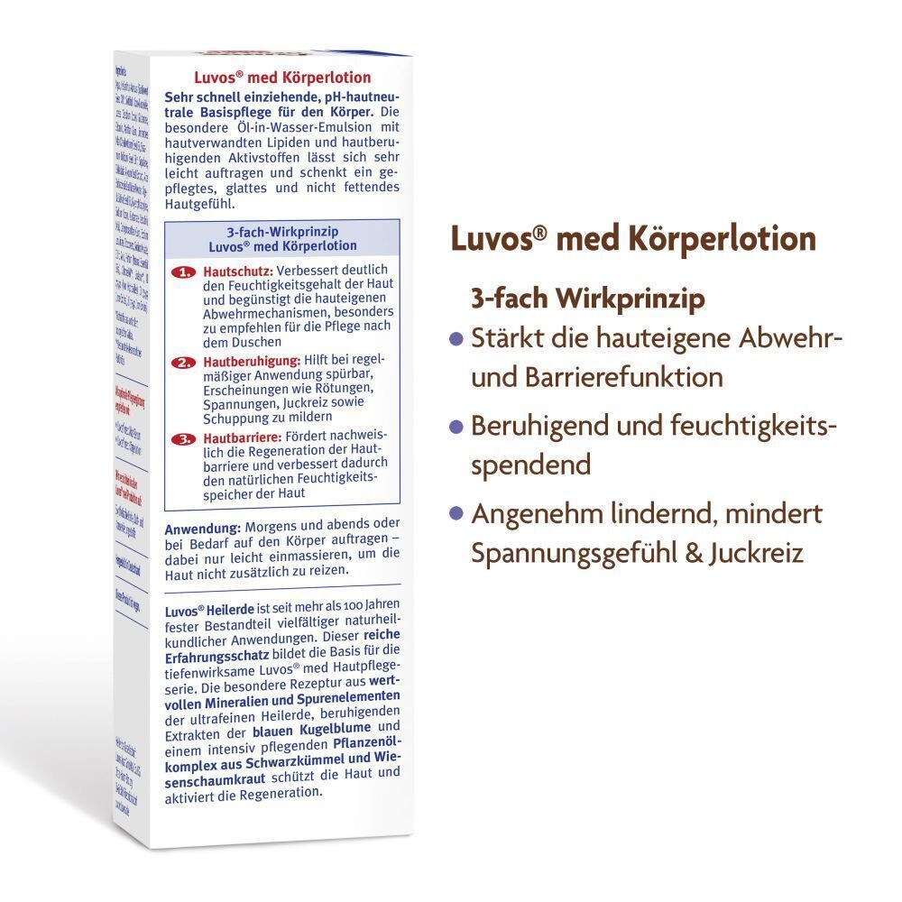 Detailansicht der Luvos-Heilerde MED Körperlotion Verpackung mit Wirkprinzip und Anwendung.