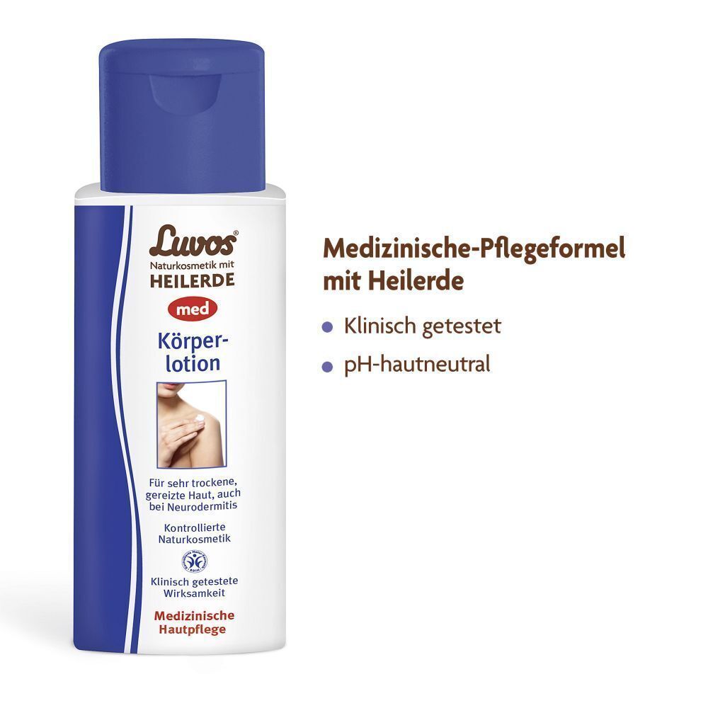 Luvos-Heilerde MED Körperlotion Flasche mit Siegeln 'Klinisch getestet' und 'pH-hautneutral'.