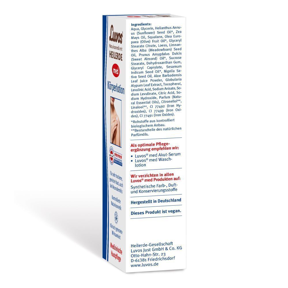 Seitenansicht der Luvos-Heilerde MED Körperlotion Verpackung mit Inhaltsstoffen und Siegeln.