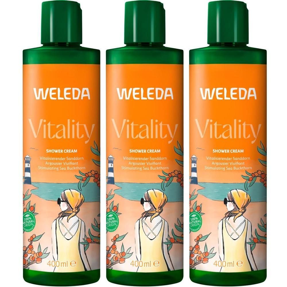 Drei Flaschen Weleda Vitality Duschcreme Sanddorn mit grünen Verschlüssen und orangefarbenen Etiketten.