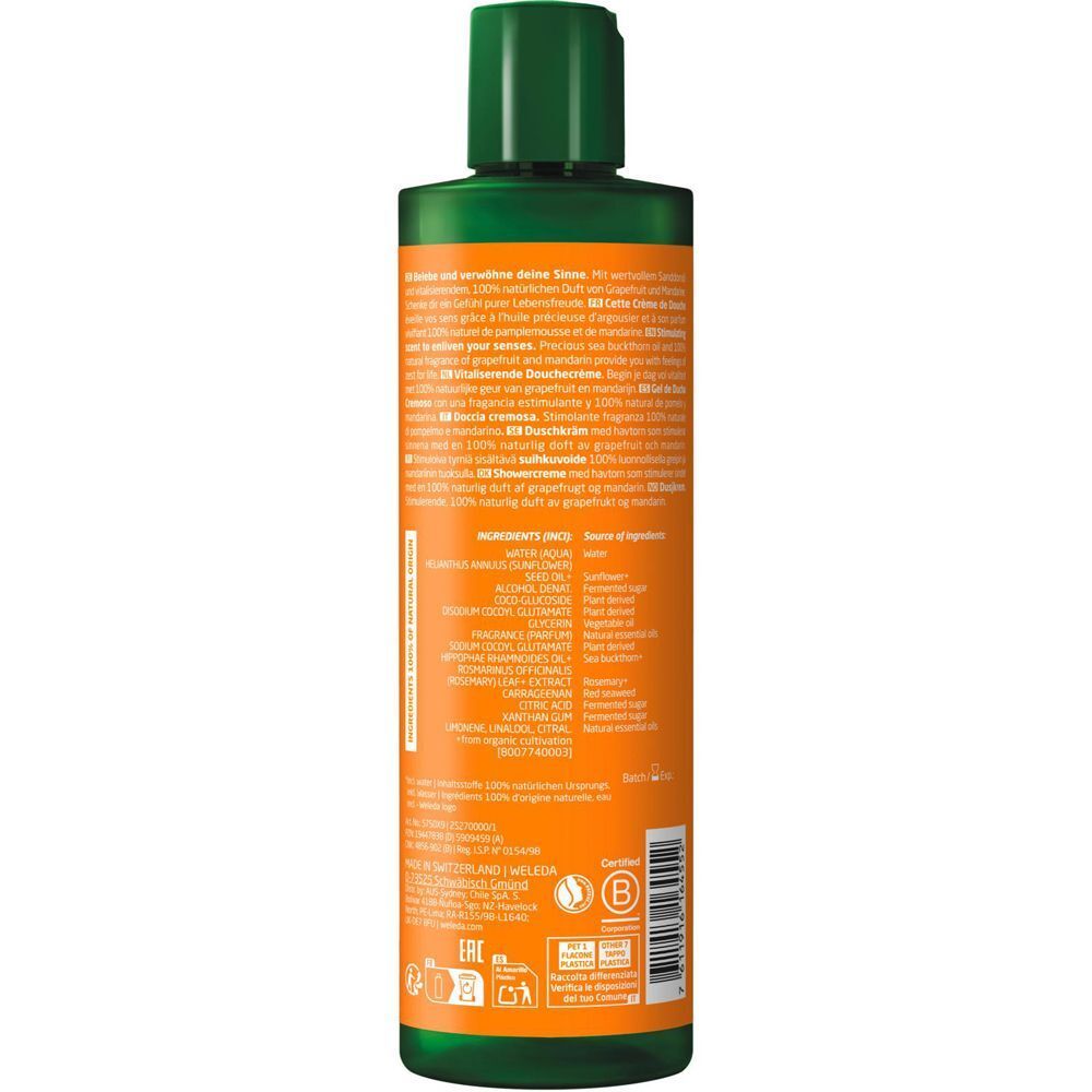 Rückseite einer Flasche Weleda Vitality Duschcreme Sanddorn mit Inhaltsstoffen und Siegeln.