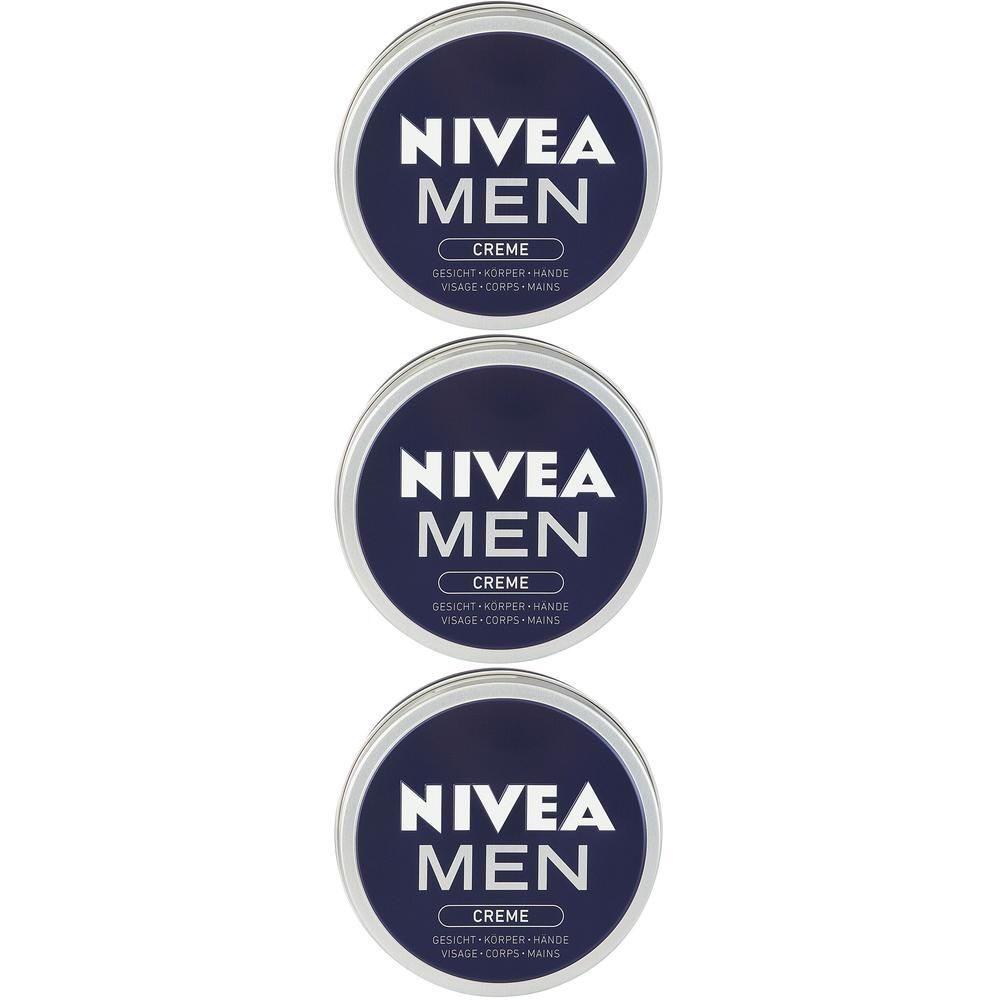 Drei NIVEA MEN Creme Dosen mit blauem Etikett und weißer Schrift.