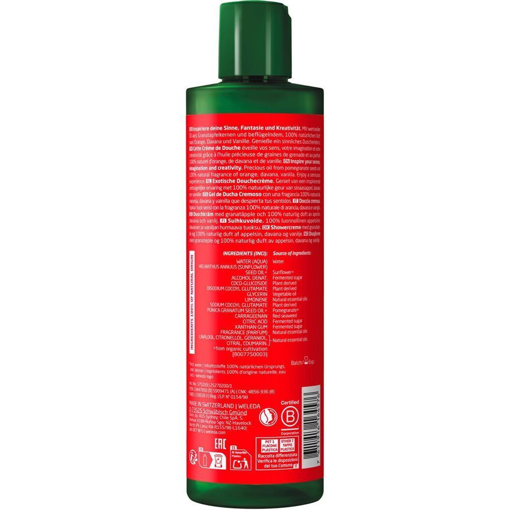 Rückseite einer Flasche WELEDA Inspire Duschcreme Granatapfel mit detaillierten Inhaltsstoffen und Zertifizierungen.