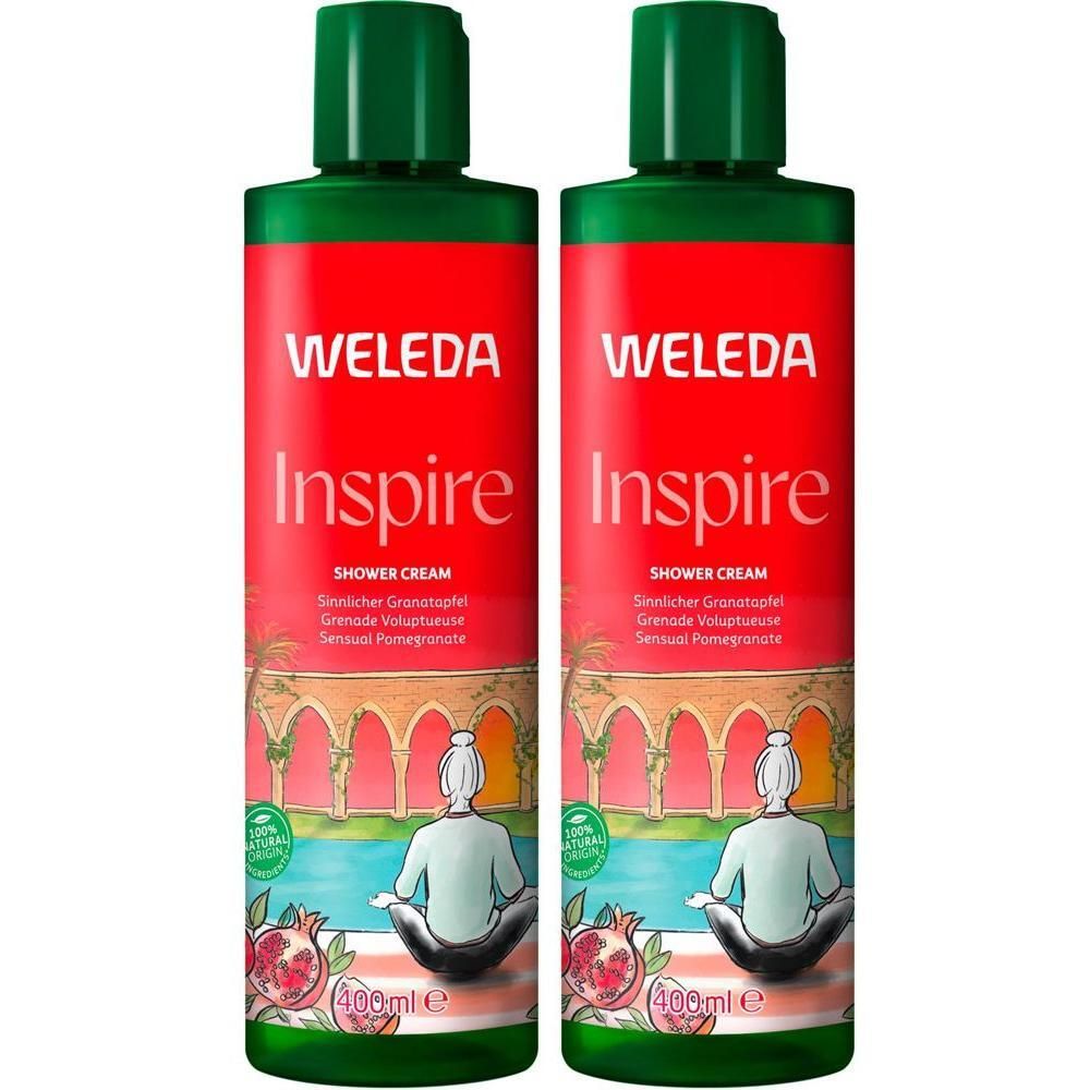 Zwei Flaschen WELEDA Inspire Duschcreme Granatapfel, 400ml.