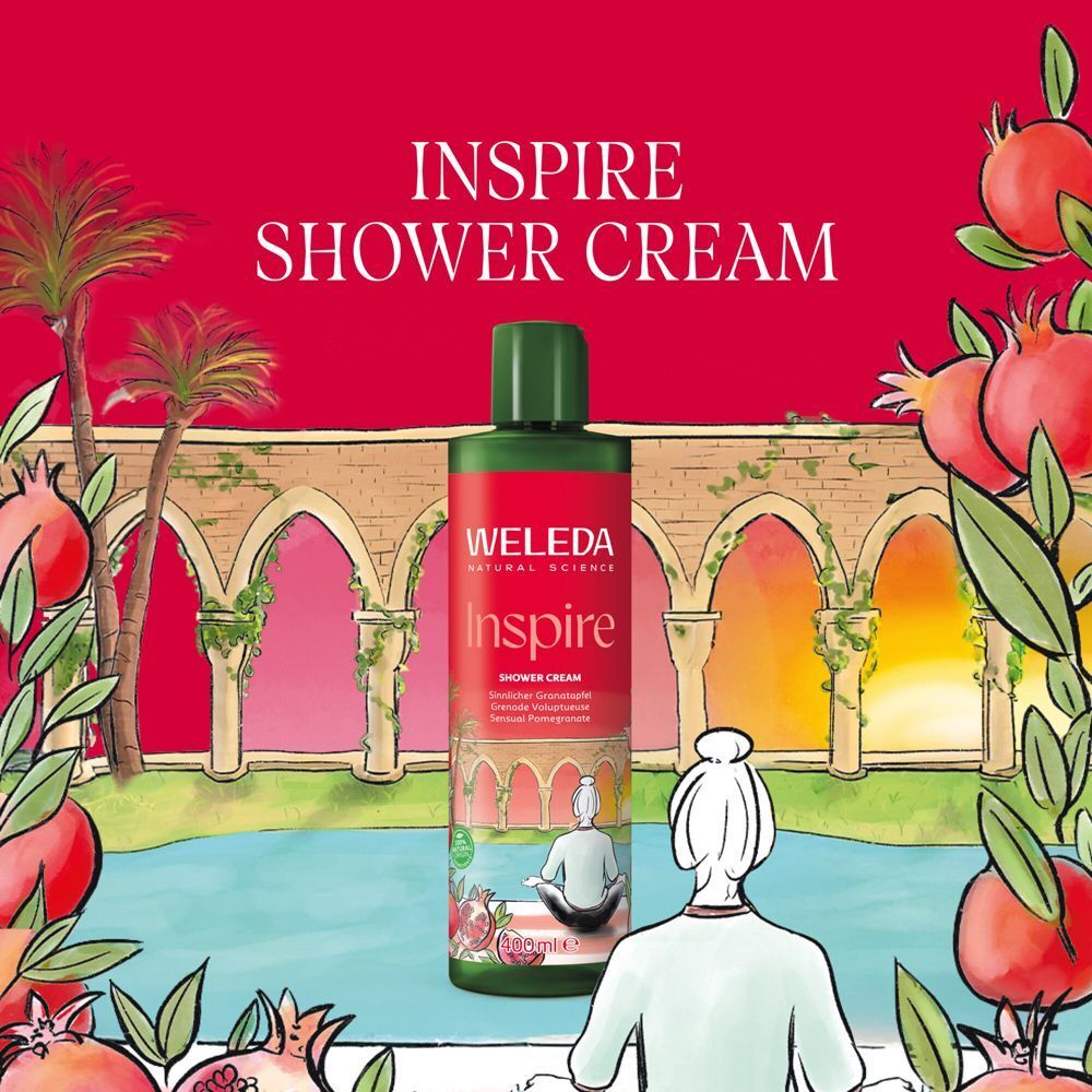 WELEDA Inspire Duschcreme Granatapfel in einer illustrierten Szene.