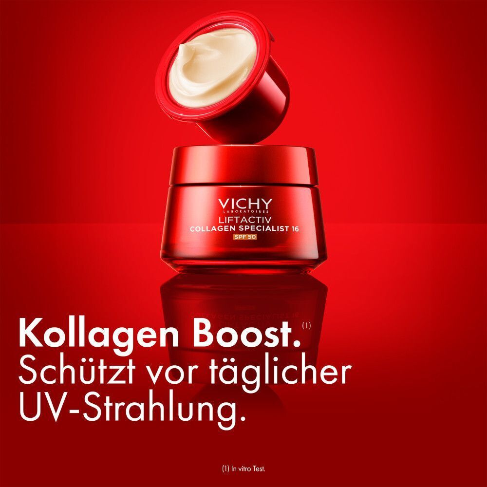 Vichy Liftactiv Collagen Specialist 16 Tiegel mit SPF 50, daneben eine offene Nachfüllkapsel.