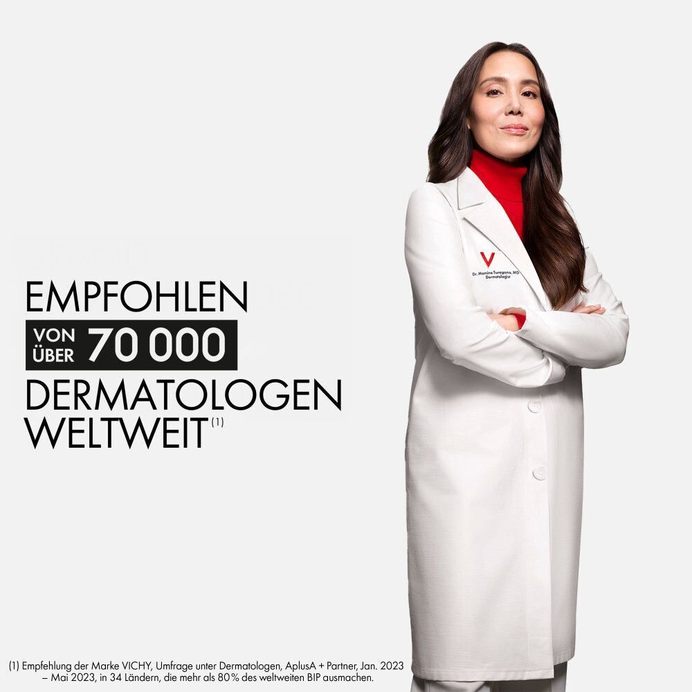 Dermatologin in weißem Kittel, neben Text: Empfohlen von über 70.000 Dermatologen weltweit.