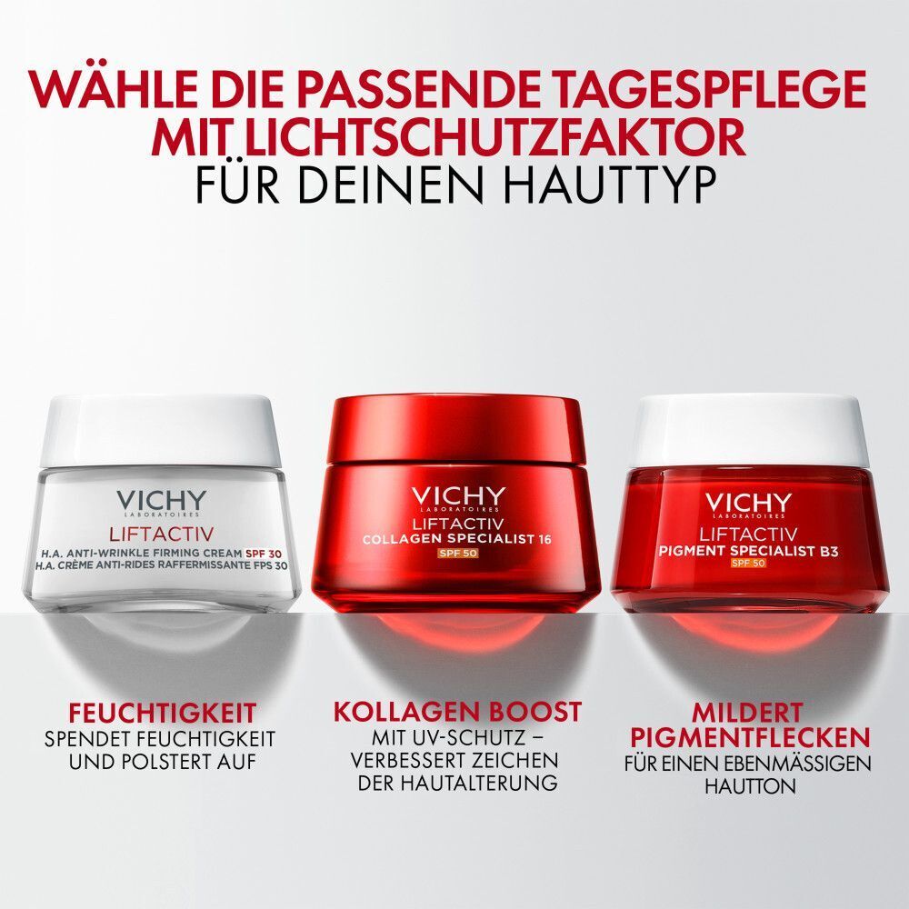 Drei Vichy Tiegel: Feuchtigkeit, Kollagen Boost LSF 50, Pigmentflecken mildern.