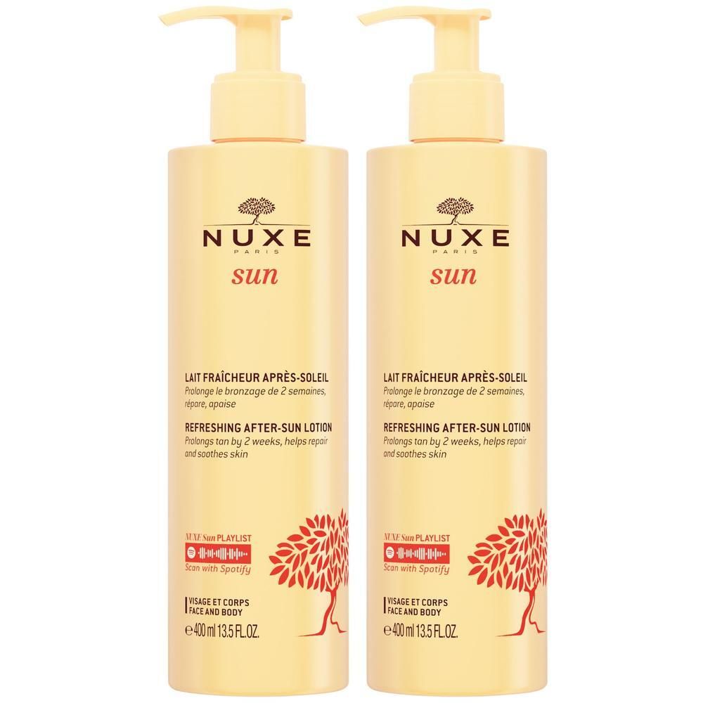 Zwei NUXE Sun After-Sun-Milch Flaschen mit Pumpspendern. Gelbe Flaschen mit Baum- und Sonnendesign.