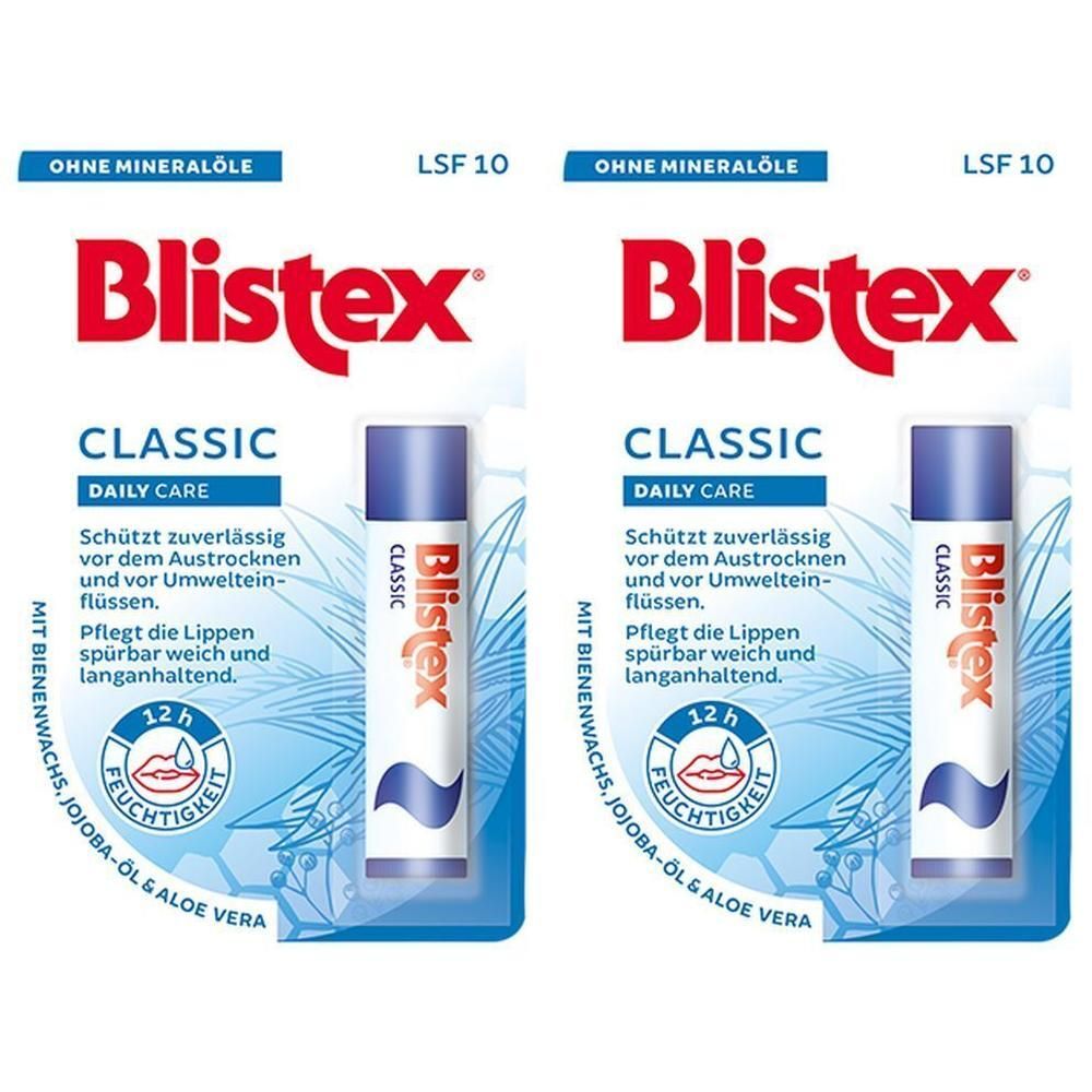 Zwei Blistex Classic Pflegestifte im Doppelpack. Blaue Kappe, weiße Hülse mit rotem Logo und blauer Welle.