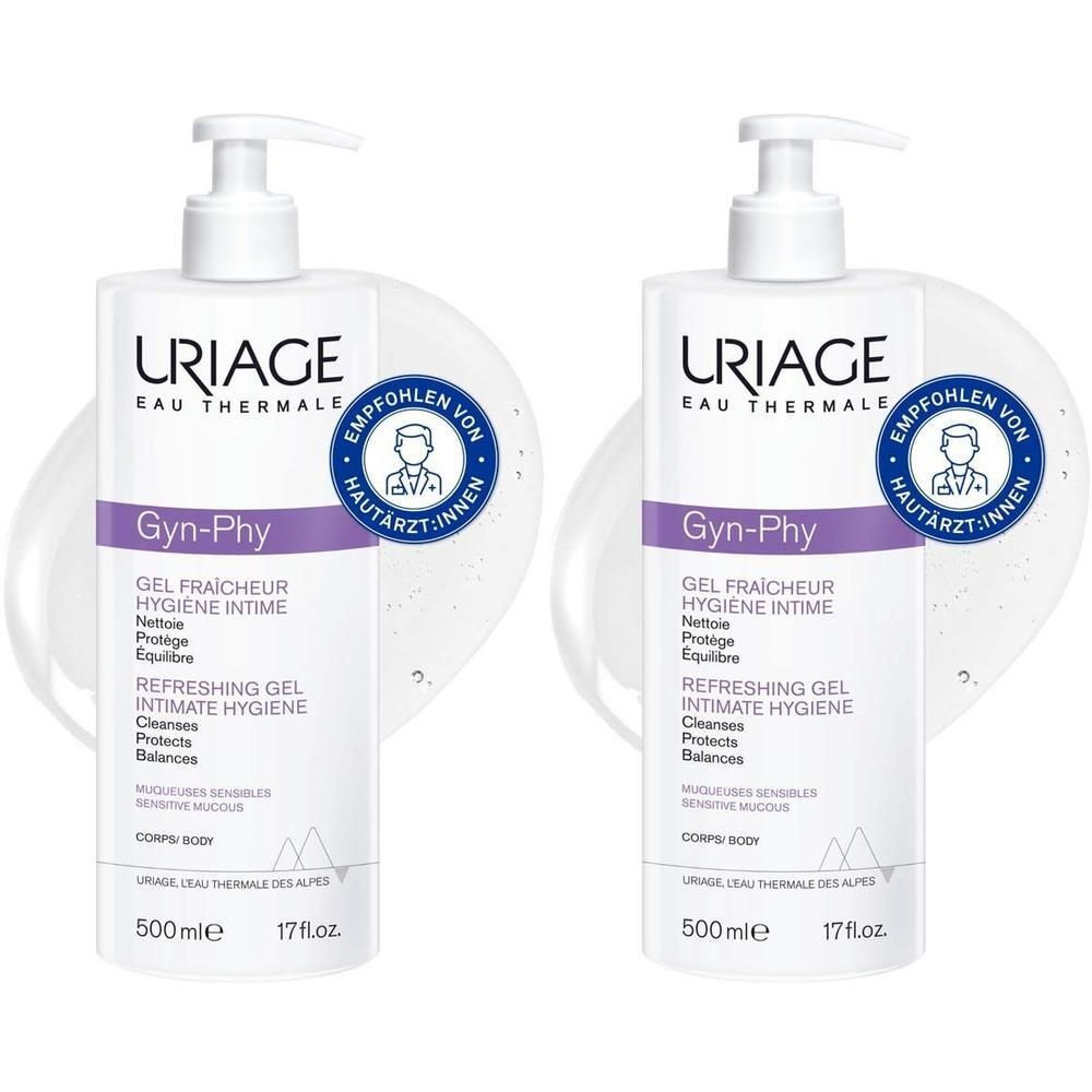 Zwei Pumpflaschen des Uriage Gyn-Phy erfrischenden Gels für die Intimpflege, 500ml.
