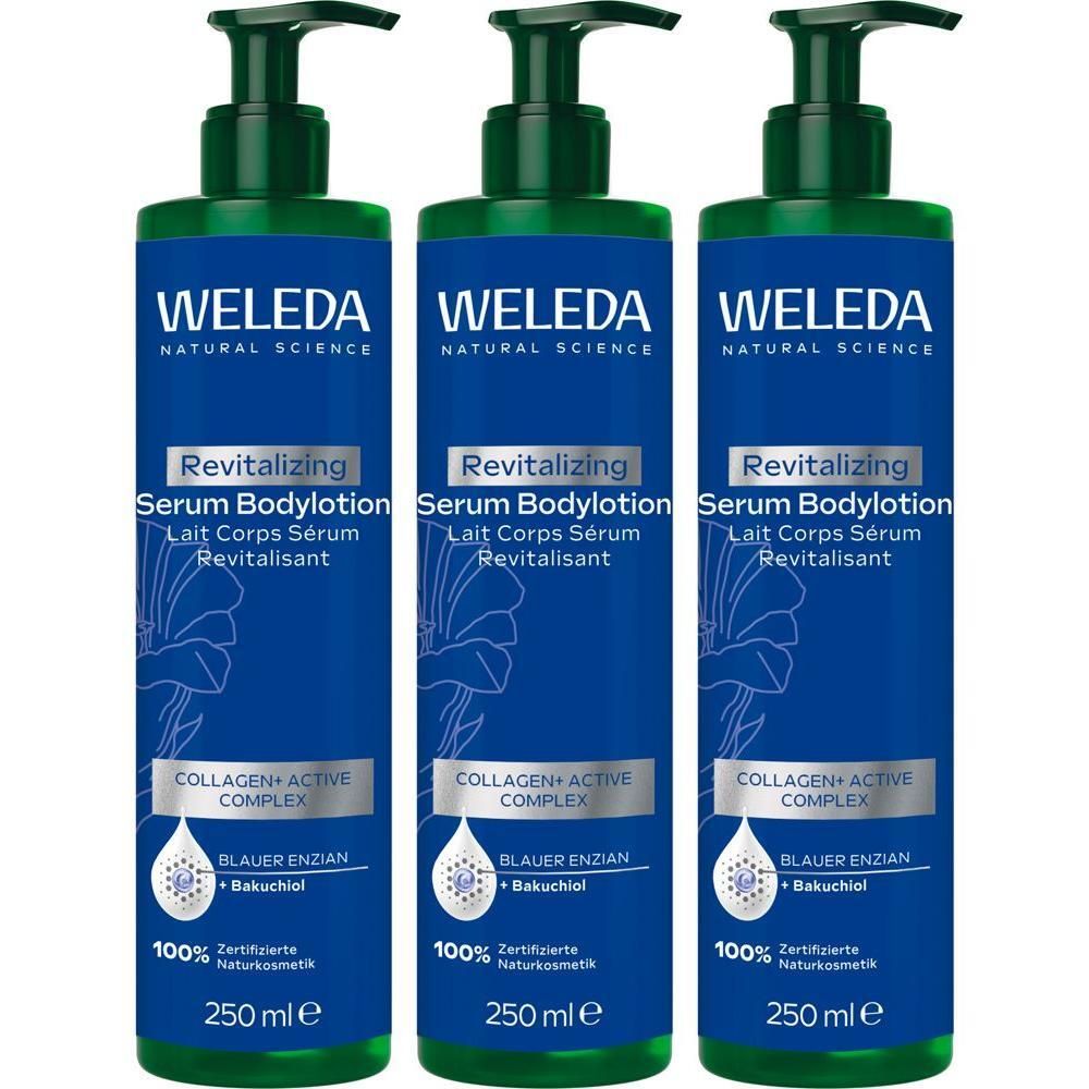 Drei Flaschen Weleda Revitalizing Serum Bodylotion mit Pumpspendern, 250 ml.
