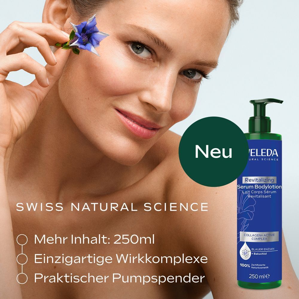 Frau mit Blume und Weleda Revitalizing Serum Bodylotion Flasche. "Neu" und "Swiss Natural Science" hervorgehoben.