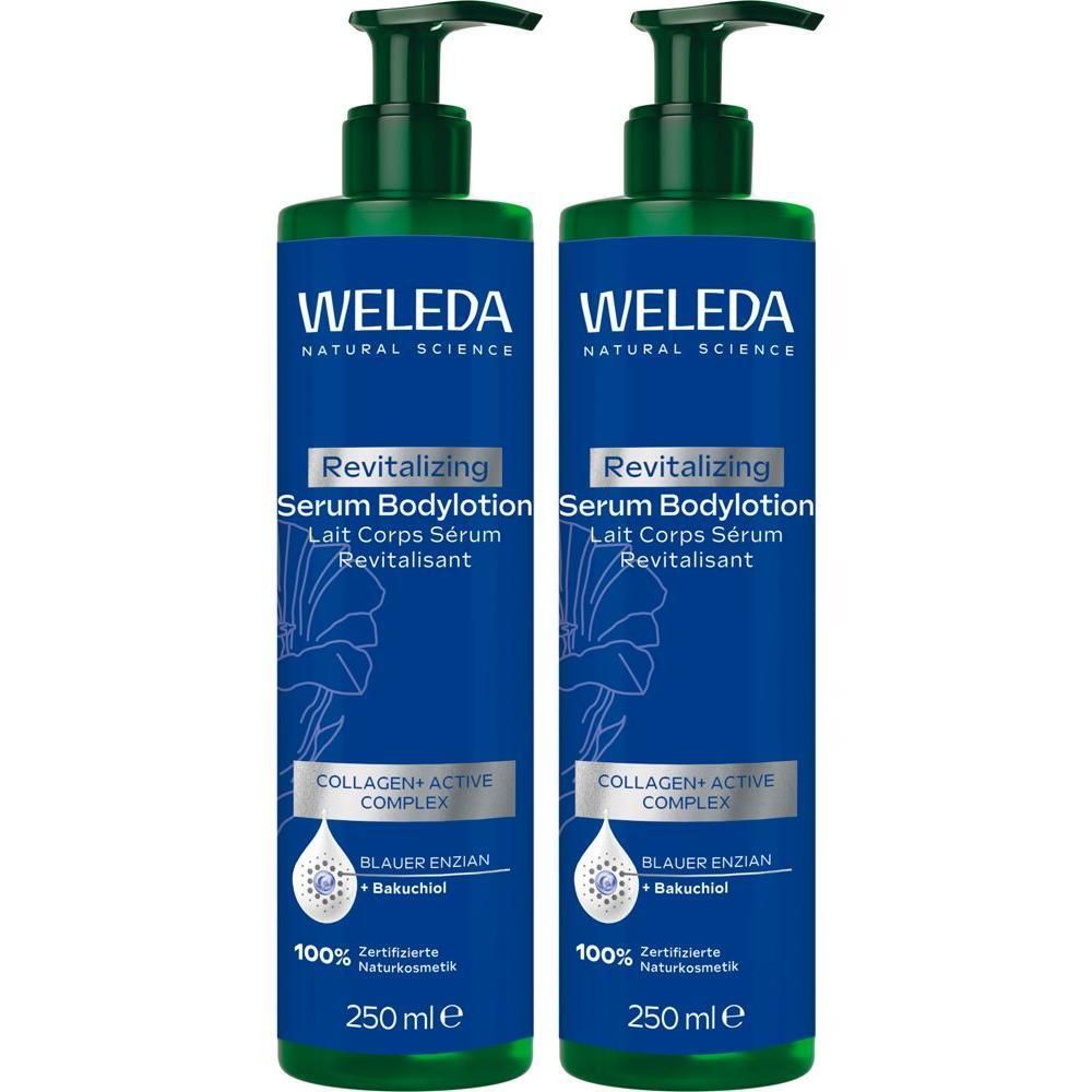 Zwei Flaschen Weleda Revitalizing Serum Bodylotion mit Pumpspendern, 250 ml.