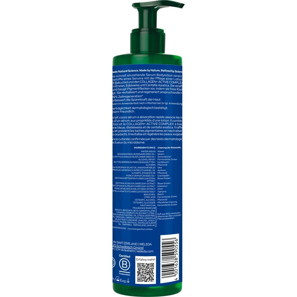 Rückseite einer Flasche Weleda Revitalizing Serum Bodylotion mit detaillierten Anwendungsinformationen.