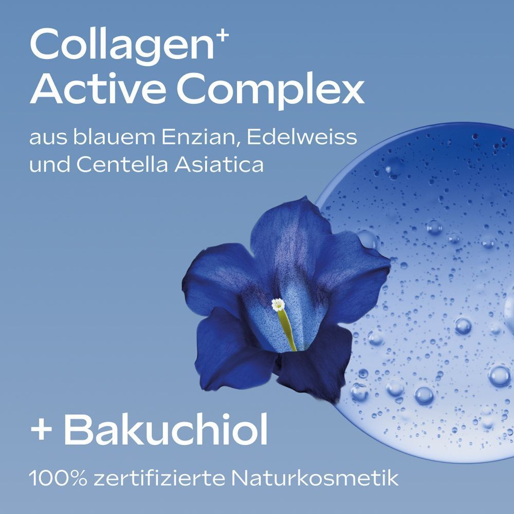 Blaues Blüten- und Blättermotiv mit Text zu Collagen+ Active Complex und Bakuchiol.