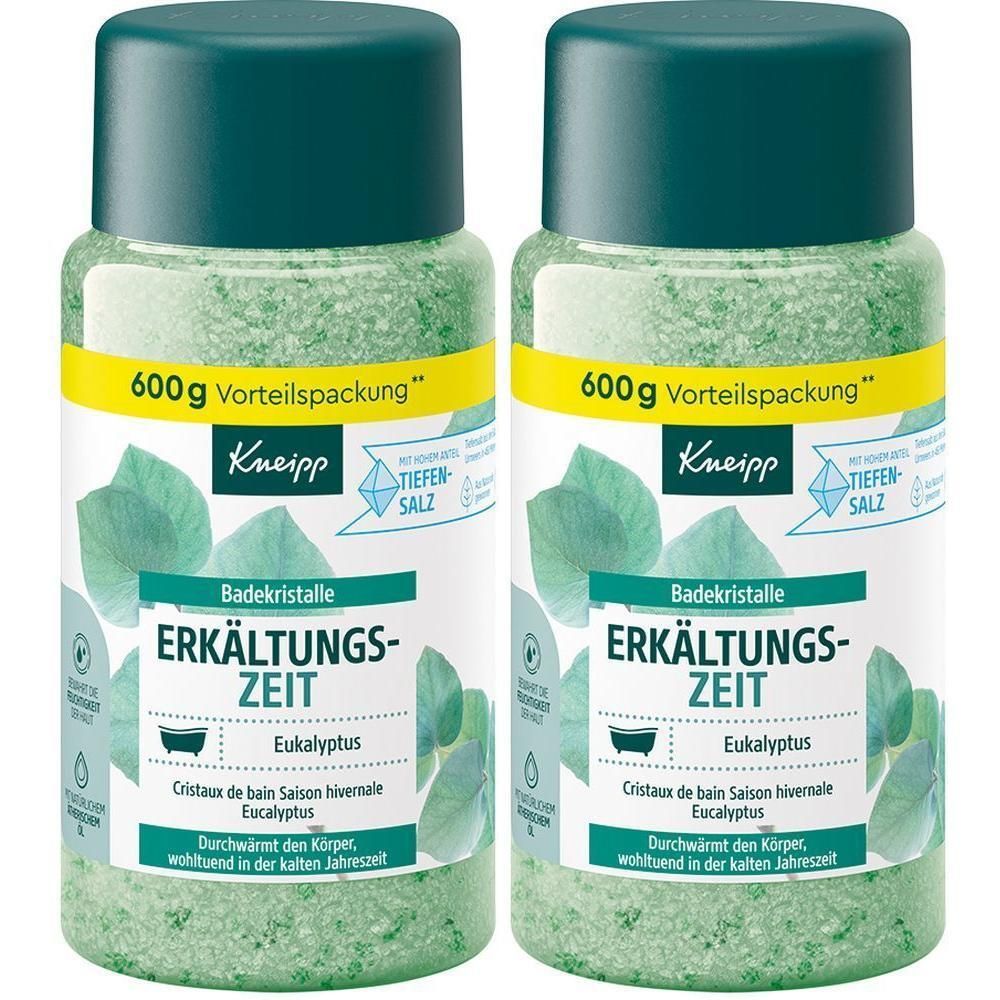 Zwei Flaschen Kneipp BadeKristalle Erkältungszeit Eukalyptus, je 600g.