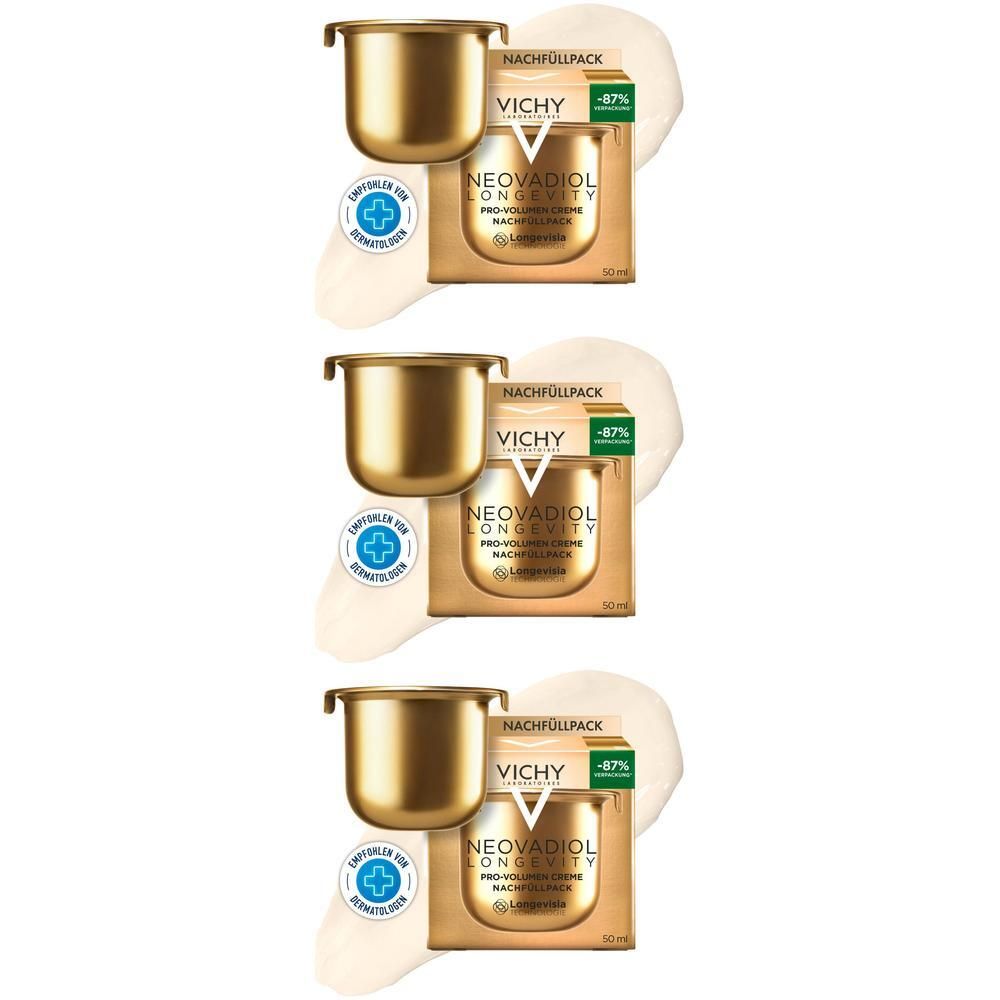 Drei Vichy Neovadiol Nachfüllpackungen mit goldenen Tiegeln und weißen Cremetiegeln.