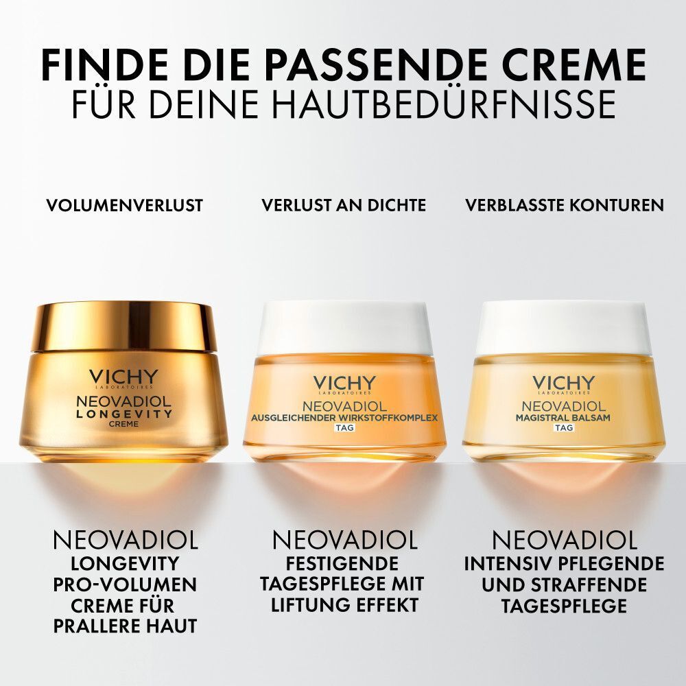 Drei Vichy Neovadiol Cremetiegel: Longevity Pro-Volumen, Festigende Tagespflege, Intensiv Pflegende Tagespflege.