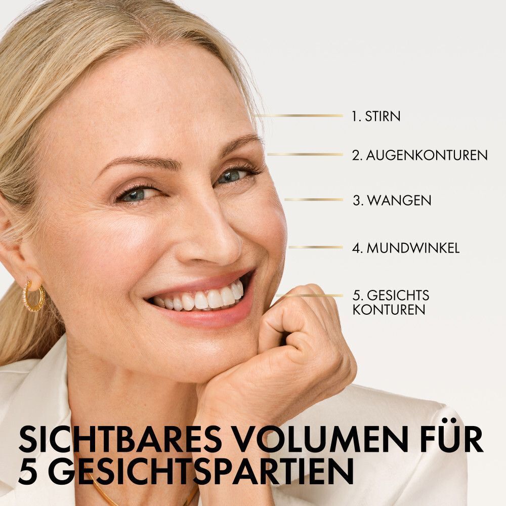 Ältere Frau mit Markierungen für 5 Gesichtspartien zur Volumenwiederherstellung.