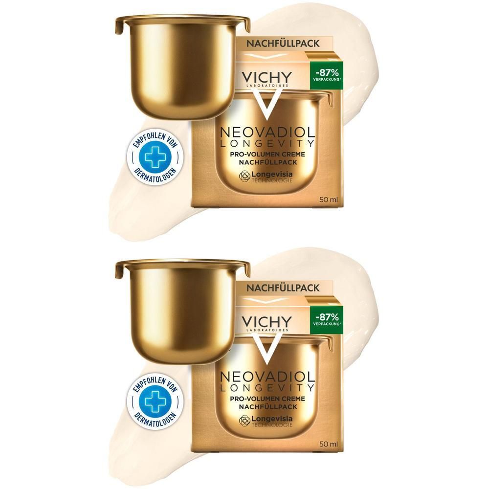 Zwei Vichy Neovadiol Nachfüllpackungen für Volumen-Creme, goldene Tiegel.