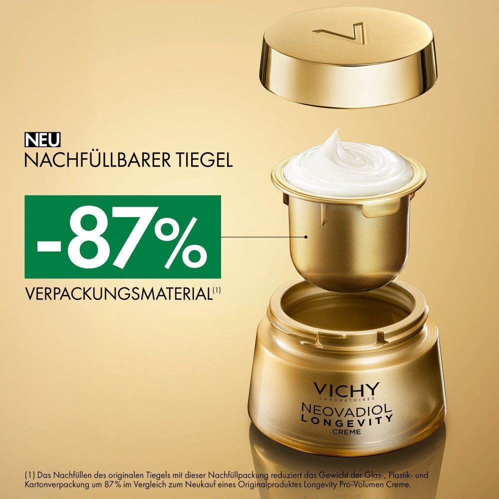 Vichy Neovadiol Nachfülltiegel für Creme, reduziert Verpackungsmaterial um 87%.