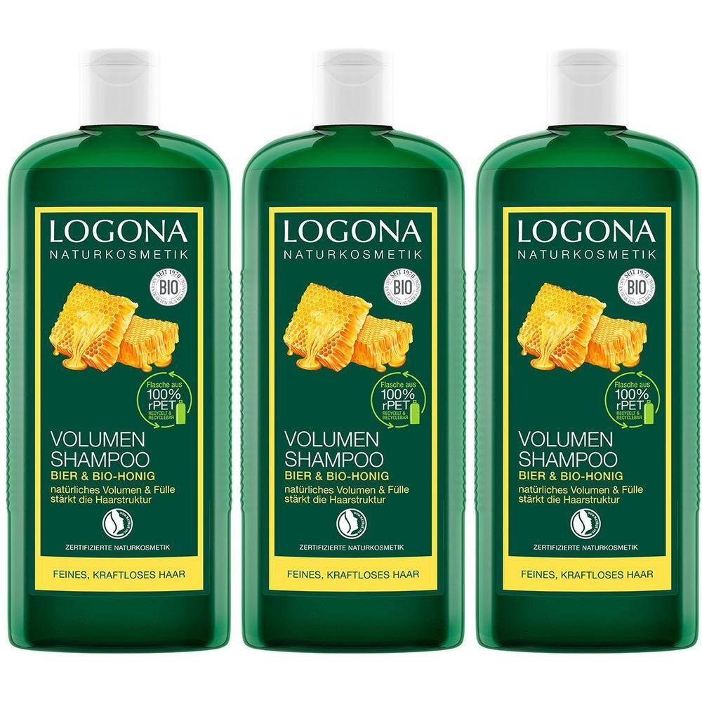 Drei grüne Flaschen LOGONA Volumen Shampoo Bier & Bio-Honig mit Honigwaben-Motiv.