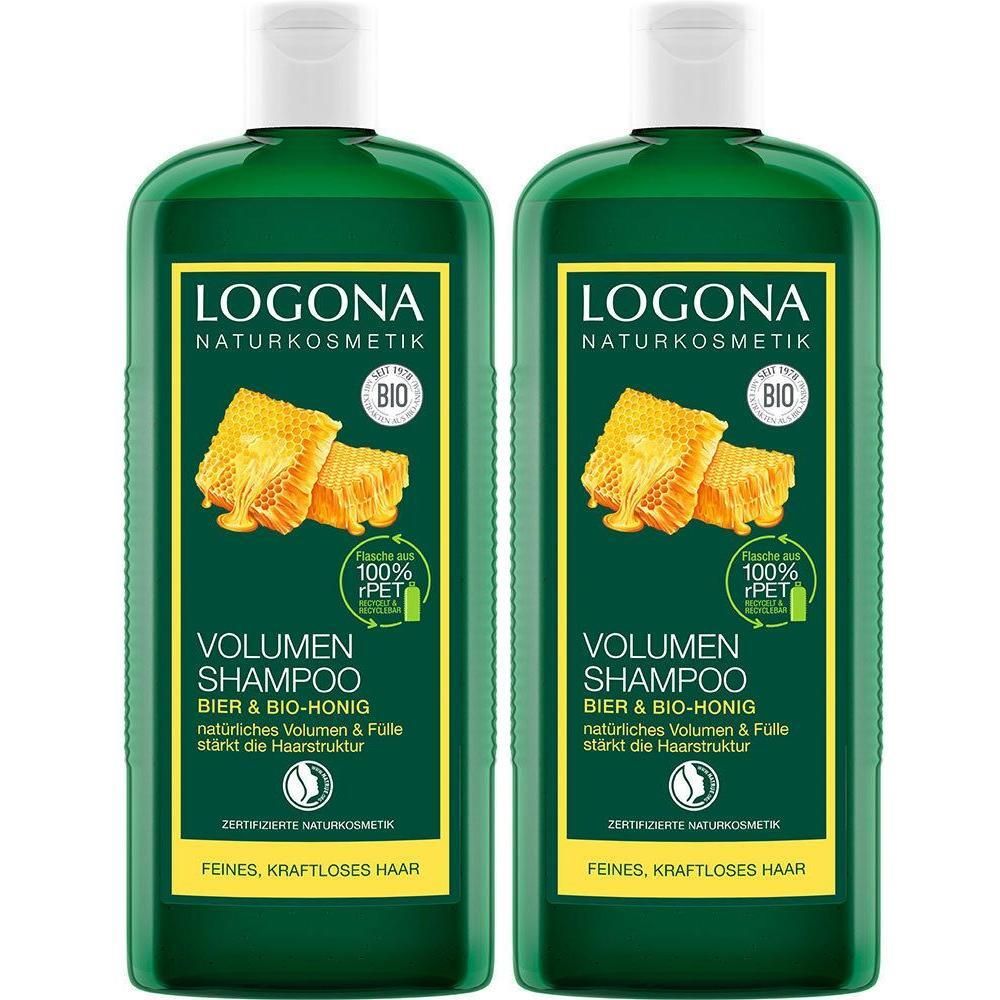 Zwei grüne Flaschen LOGONA Volumen Shampoo Bier & Bio-Honig mit Wabenmotiv. Für feines, kraftloses Haar.