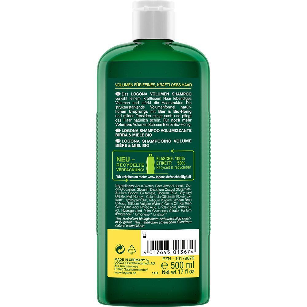 Rückseite einer grünen Flasche LOGONA Volumen Shampoo Bier & Bio-Honig. Enthält Inhaltsstoffe und 500 ml.