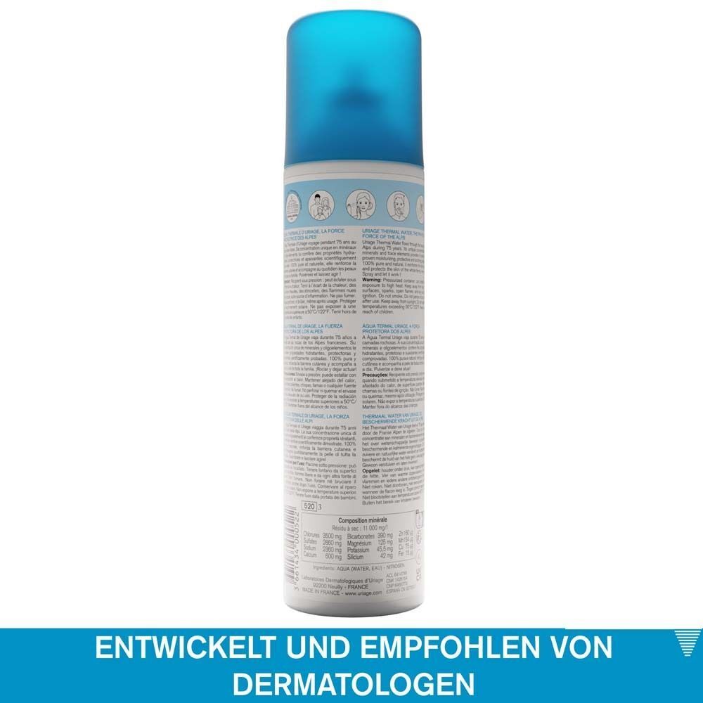 Rückseite einer Uriage Eau Thermale Thermalwasser Sprühflasche mit detaillierten Anwendungsinformationen.
