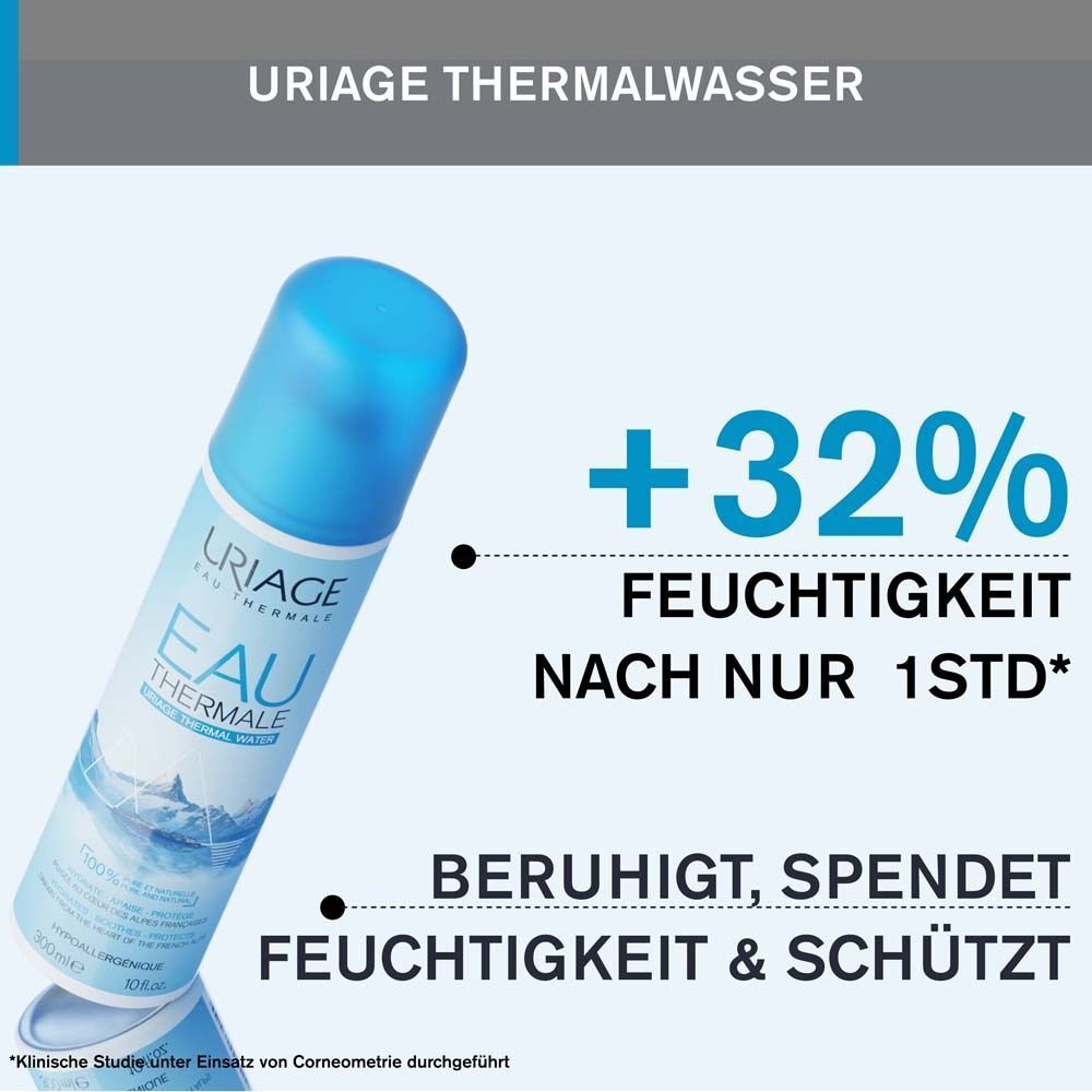 Uriage Eau Thermale Thermalwasser Sprayflasche neben Text, der eine erhöhte Feuchtigkeit um 32% hervorhebt.