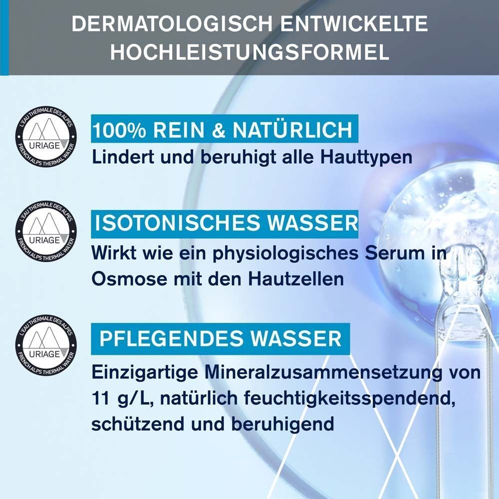Drei Siegel für Uriage Eau Thermale: 100% rein & natürlich, isotonisches Wasser, pflegendes Wasser.
