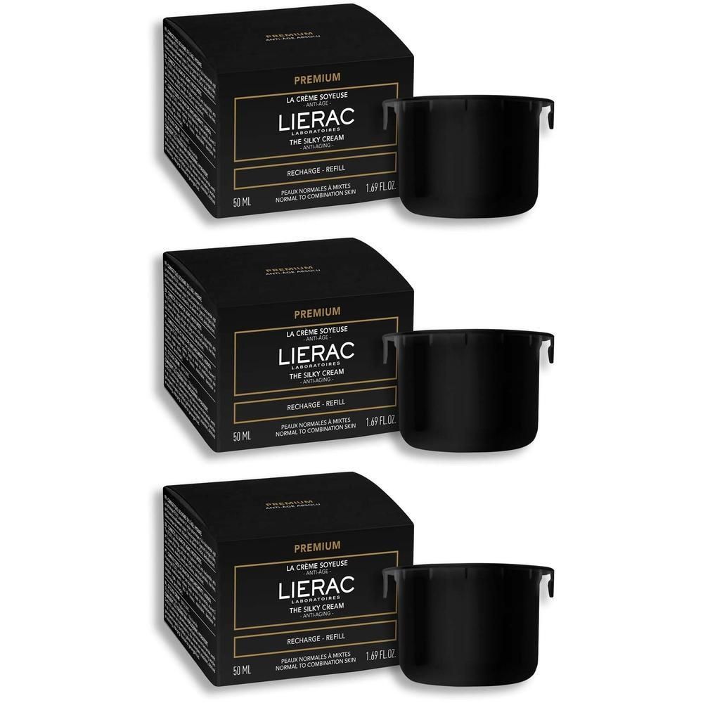Drei LIERAC Premium Nachfüllpackungen mit seidiger Creme, jeweils in schwarzer Box.