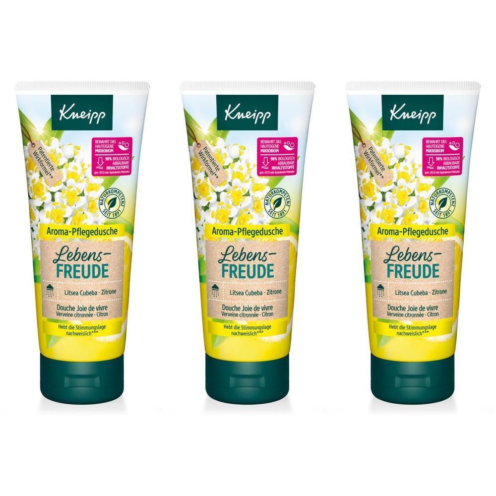 Drei Tuben Kneipp® Aroma-Pflegedusche Lebensfreude mit Zitrusduft und Blumenmotiv.