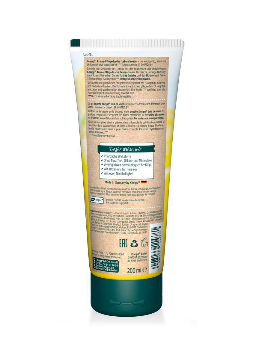 Rückseite einer Tube Kneipp® Aroma-Pflegedusche Lebensfreude mit Inhaltsstoffen und Siegeln.