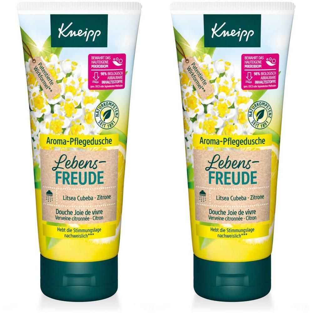 Zwei Tuben Kneipp Aroma-Pflegedusche Lebensfreude mit Zitrusfrüchten und Blüten.