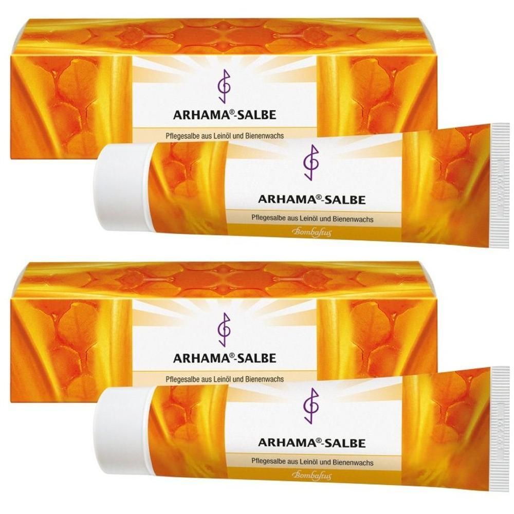 Zwei Tuben und Schachteln mit Arhama®-Salbe, Pflegecreme aus Leinöl und Bienenwachs.