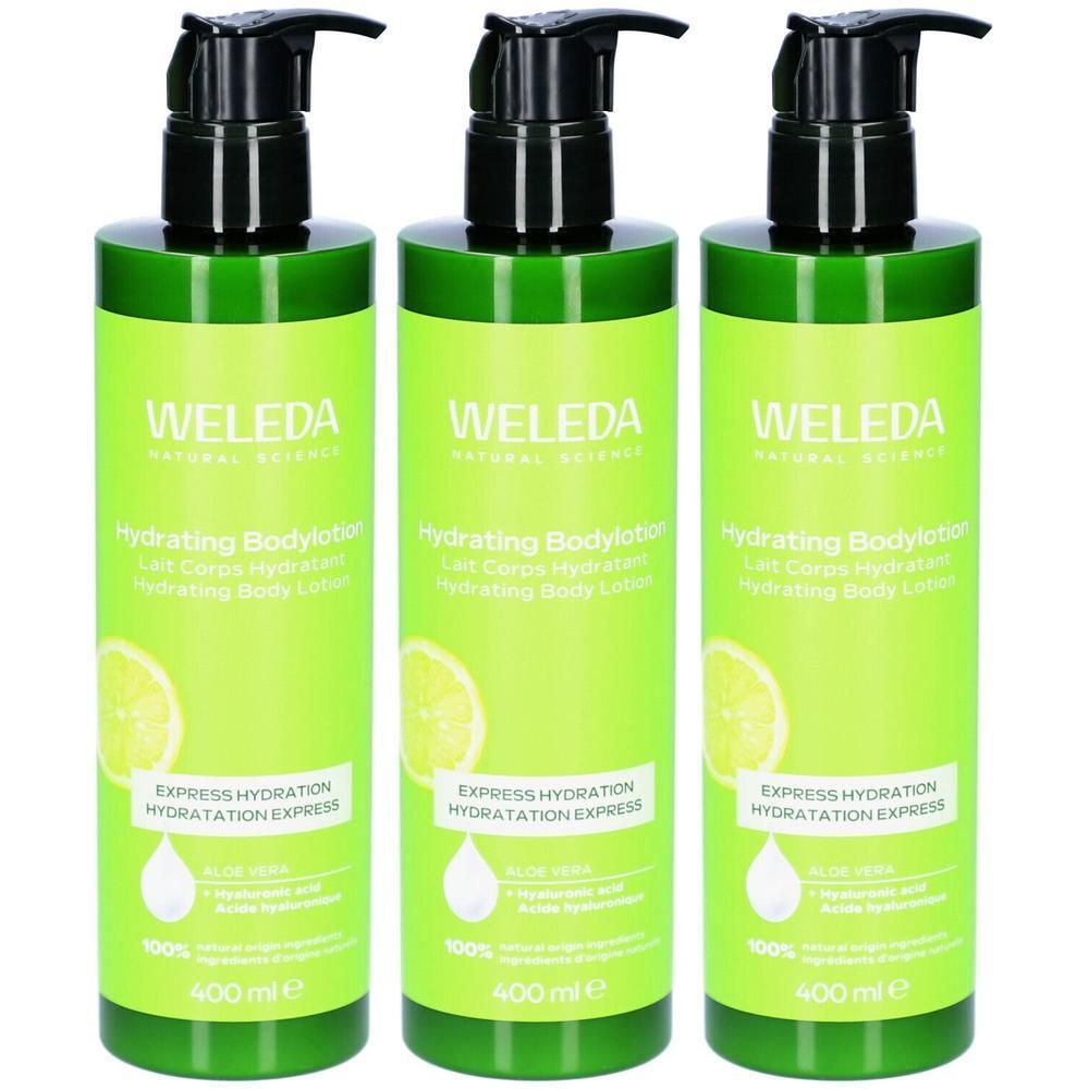 Drei Flaschen Weleda Hydrating Bodylotion mit Pumpspendern. Hellgrüne Verpackung mit Zitronenscheiben-Motiv.