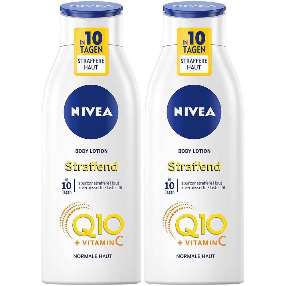 Zwei NIVEA Q10 Body Lotion Flaschen mit straffender Wirkung.