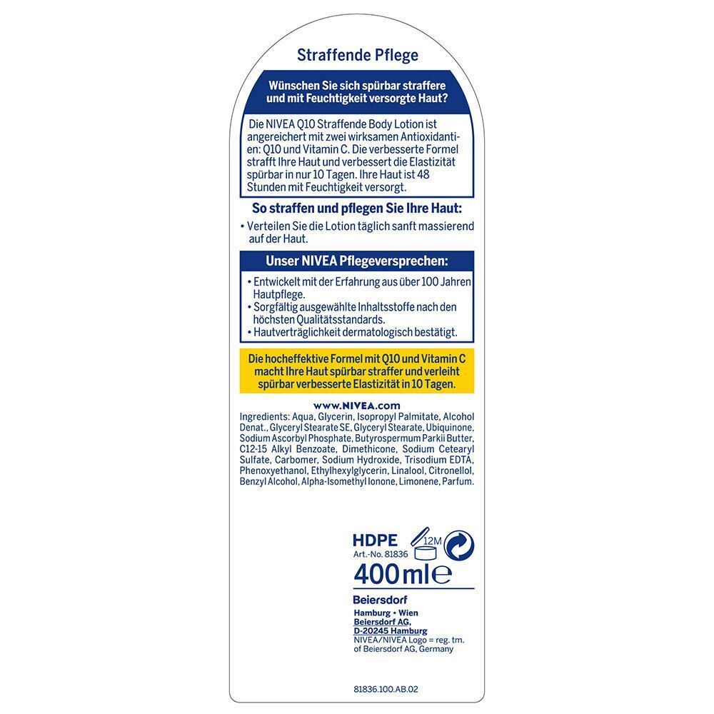 Rückseite einer NIVEA Q10 Body Lotion Flasche mit Produktinformationen.
