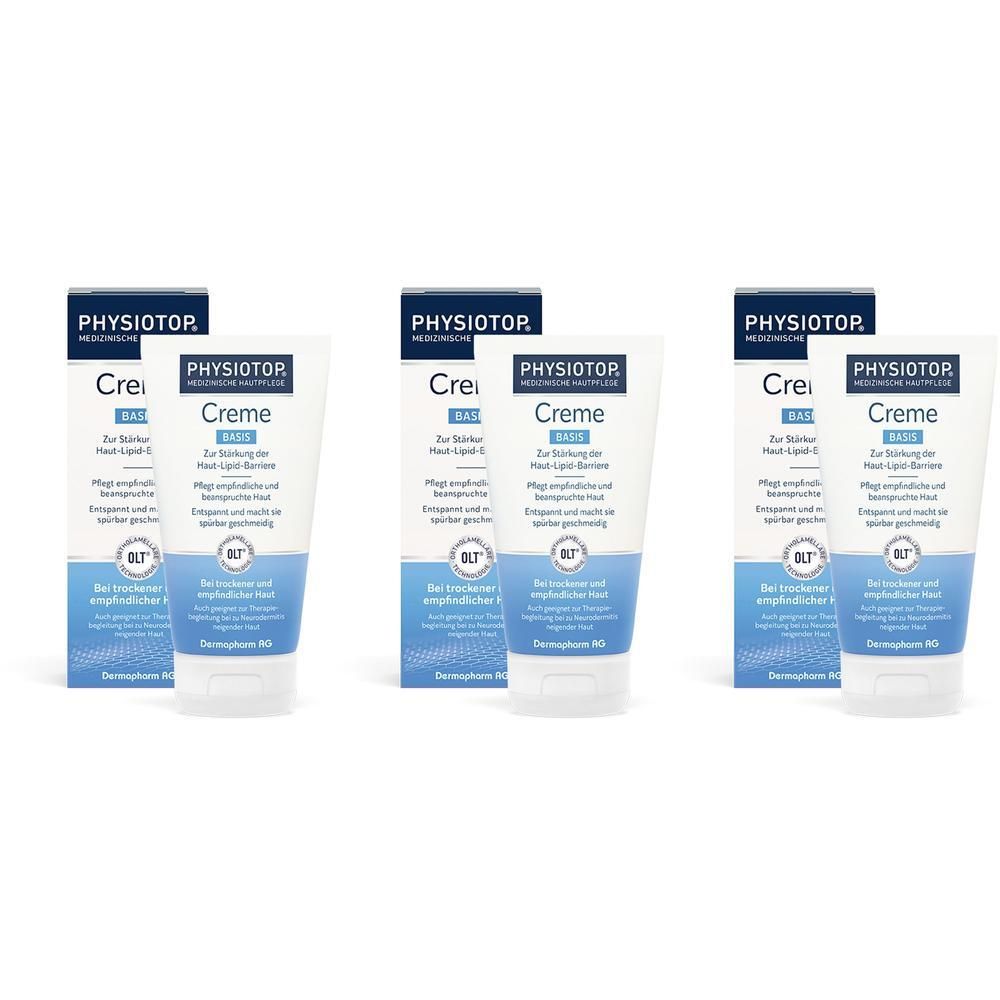 Drei Tuben und Kartons von Physiotop Basis Creme für trockene, empfindliche Haut.