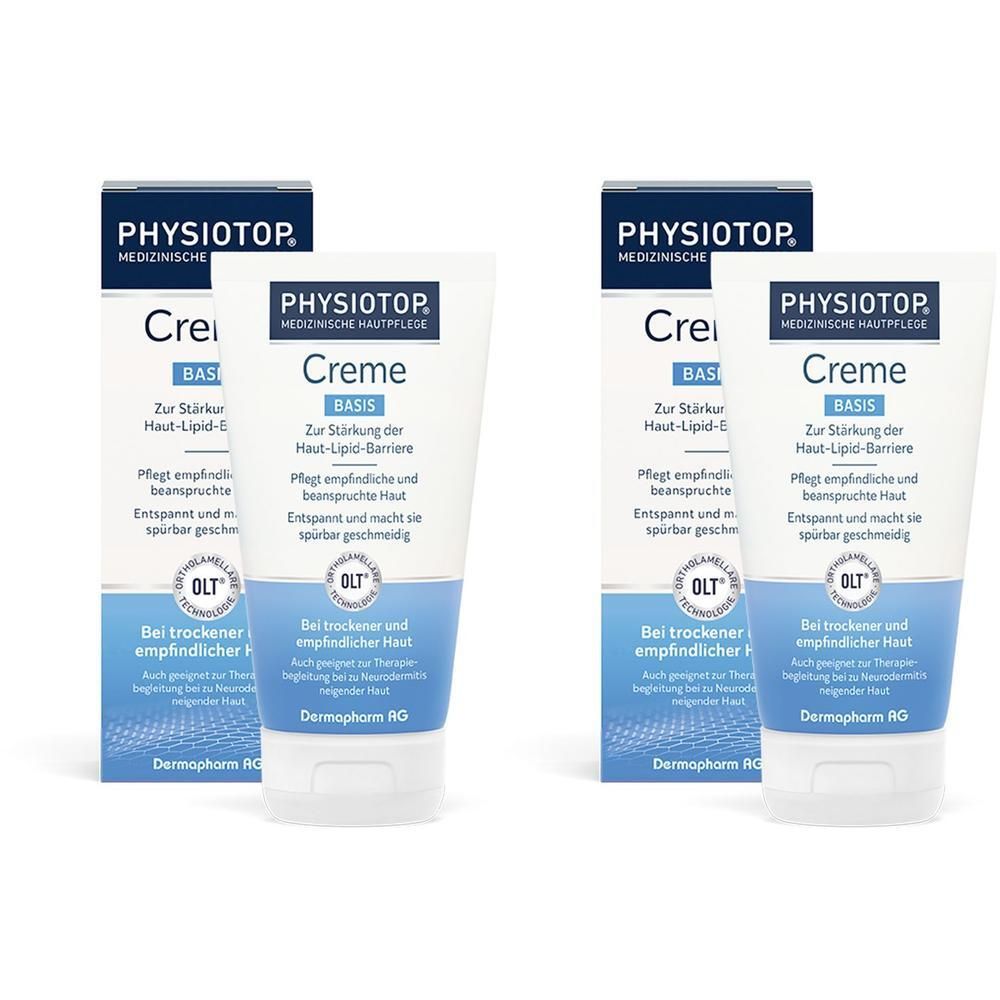 Zwei Packungen Physioptop Basis Creme mit Tuben. Blaue und weiße Verpackung mit Produktinformationen.