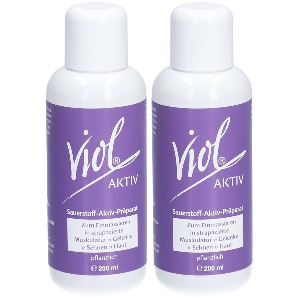 Zwei Flaschen Viol® AKTIV Oel, je 200 ml, mit lila Etikett und weißem Deckel.