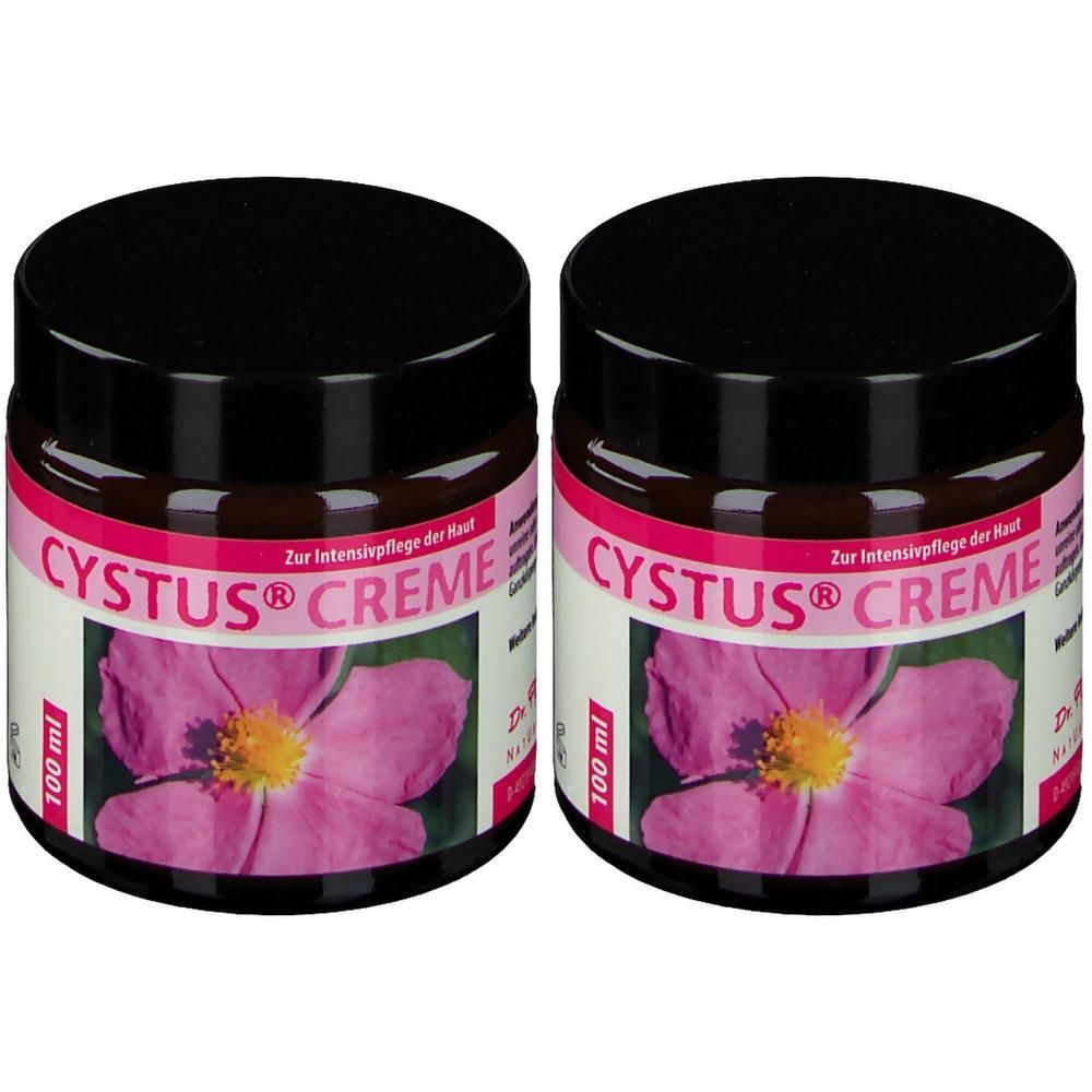 Zwei Gläser Cystus Creme mit je 100 ml Inhalt, Etikett mit rosa Blüte und Produktnamen.