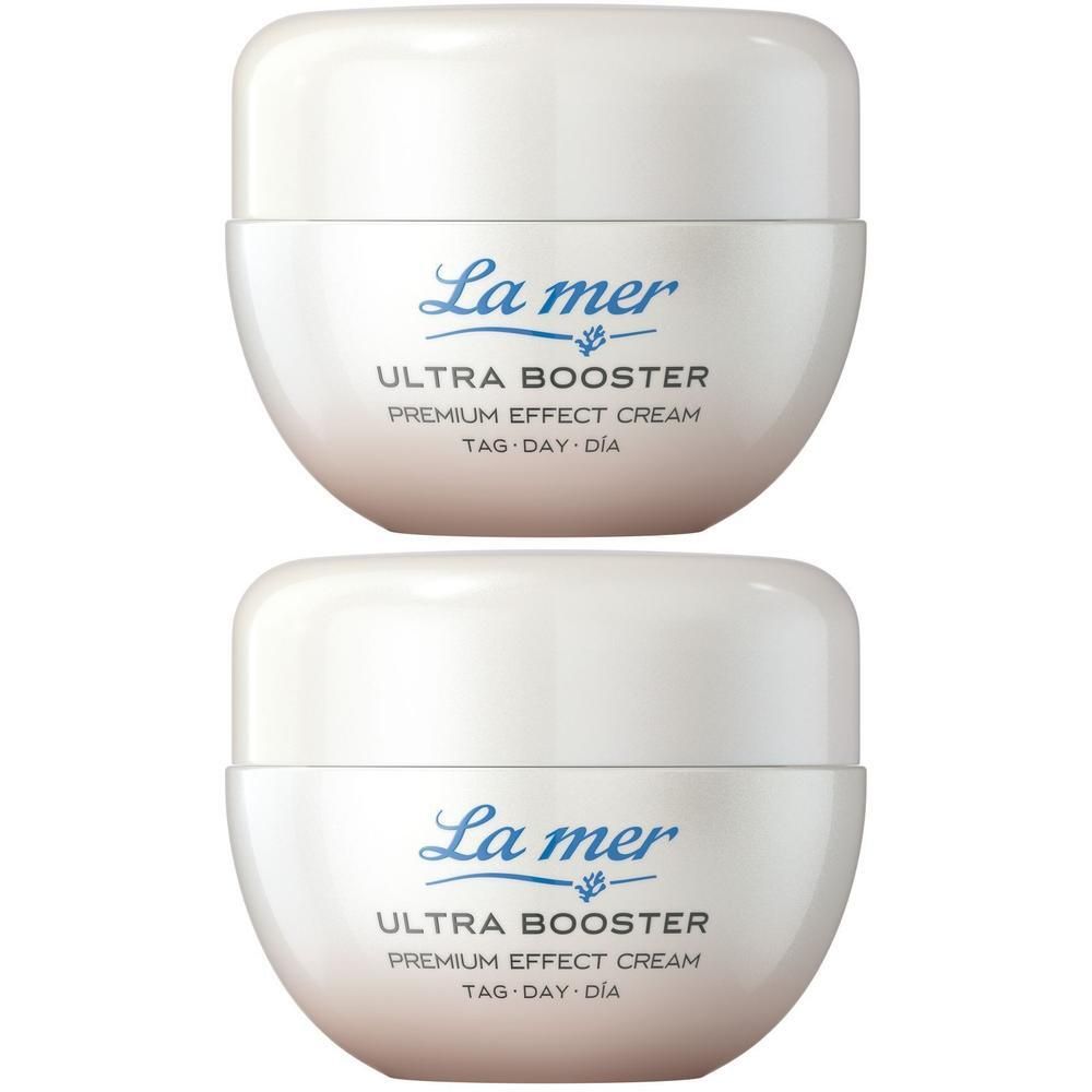 Zwei La mer Ultra Booster Premium Effect Cream Tiegel nebeneinander.