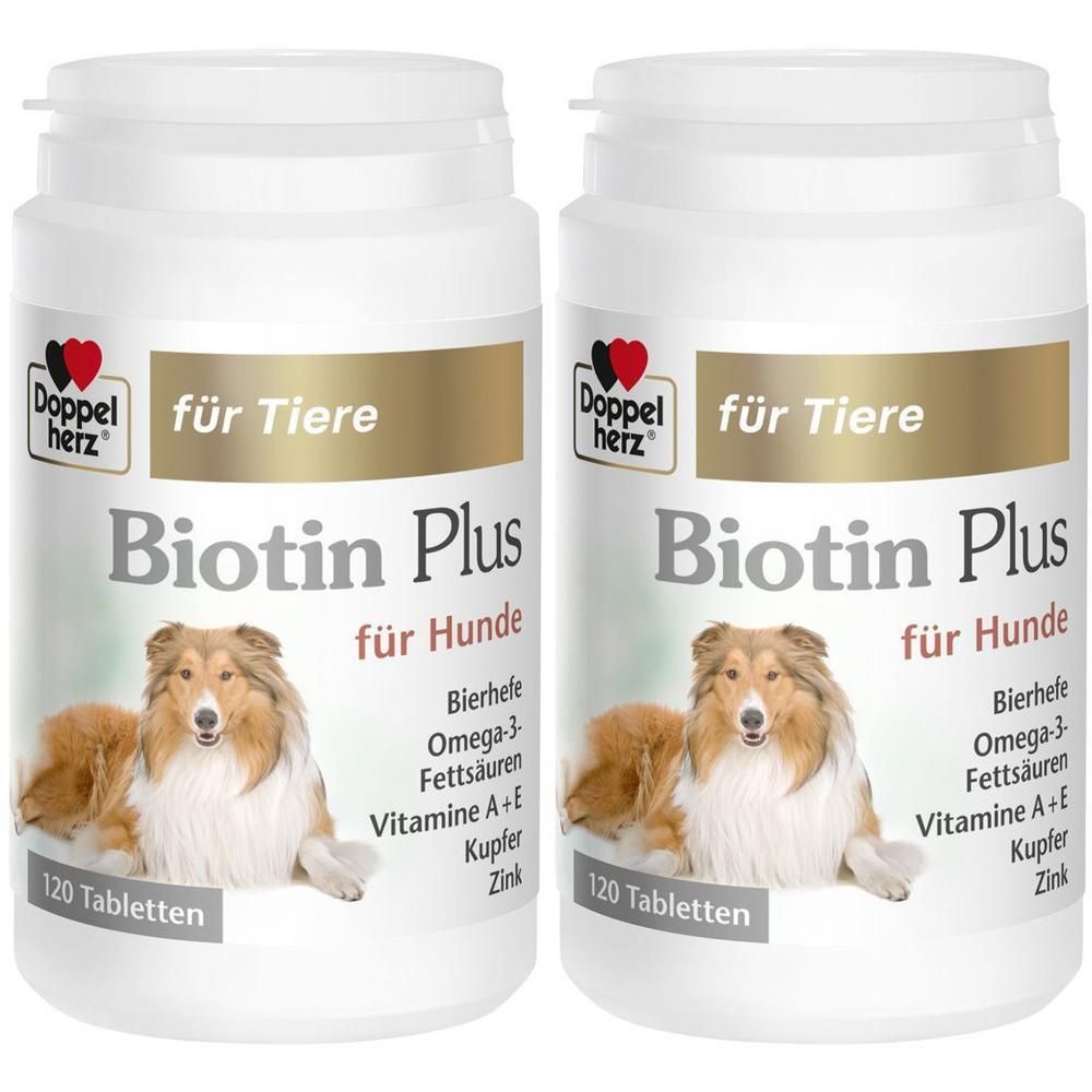Zwei weiße Behälter mit Doppelherz Biotin Plus für Hunde Tabletten, jeweils 120 Stück.