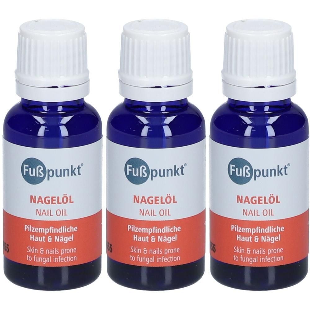 Drei Flaschen Fußpunkt Nagelöl mit weißen Schraubverschlüssen und blauen Etiketten.
