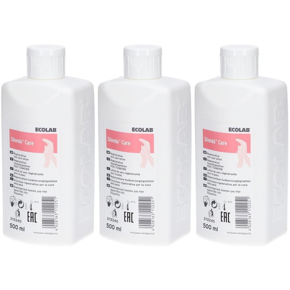 Drei weiße Flaschen Silonda™ Care mit je 500 ml Inhalt. ECOLAB-Logo und Produktinformationen auf dem Etikett.