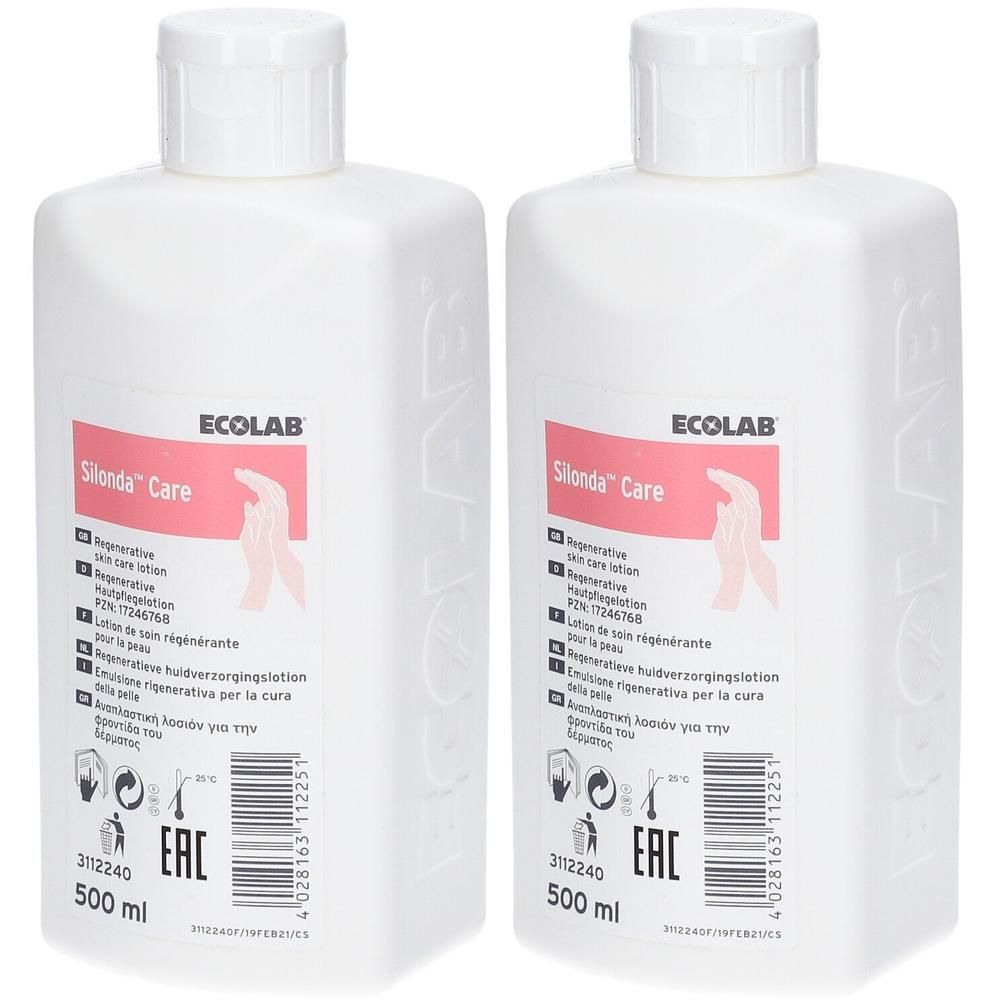 Zwei weiße Flaschen Silonda™ Care Hautpflege mit rosa Etikett und Händesymbol. 500 ml.