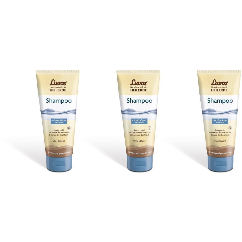 Drei Tuben Luvos-Heilerde Shampoo nebeneinander.